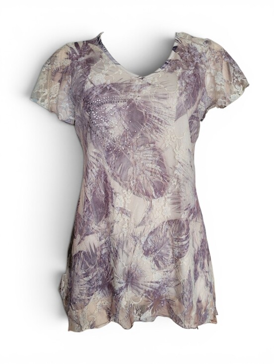 Vintage Tops - Y2K Fairycore Lace Overlay Botanical Print Blouse Rhinestones Lavender Cream